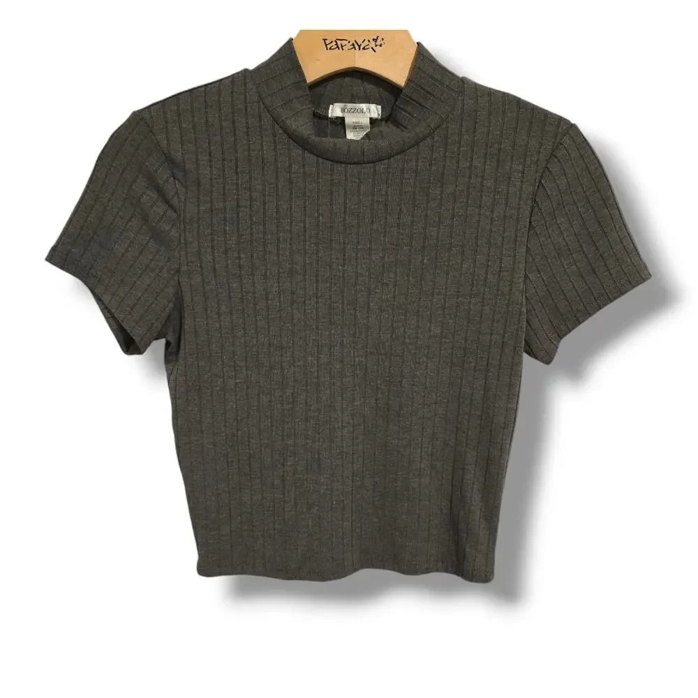BOZZOLO Juniors Olive Green Ribbed High Neck Cropped Top Size Small